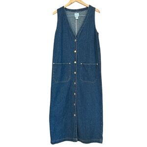 Vintage Y2K 90s Denim Jean Maxi Dress Button Down V-Neckline Size Medium